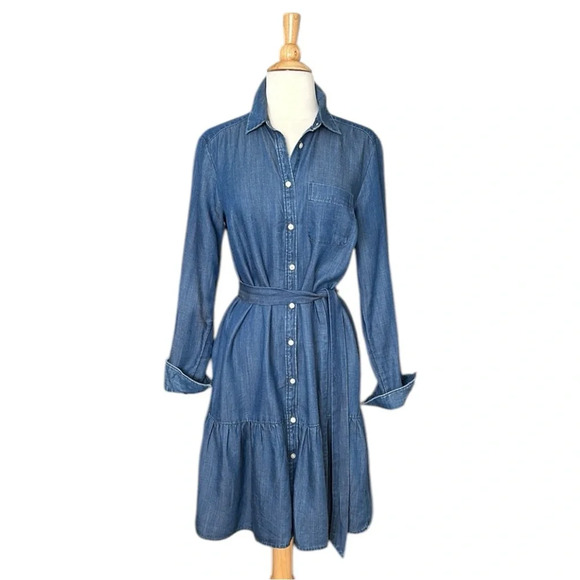LOFT Dresses & Skirts - LOFT Chambray Flounce Denim Shirt Dress Long Sleeve Western, Size Small